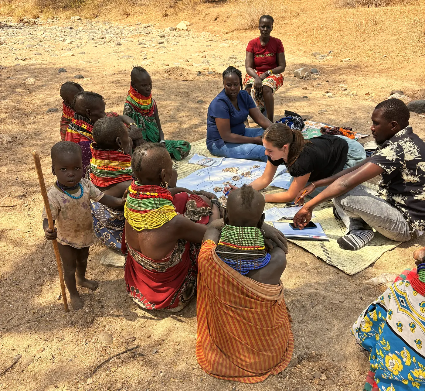 PAIR researchers facilitate a COHI women’s focus group seated on mats under the trees.